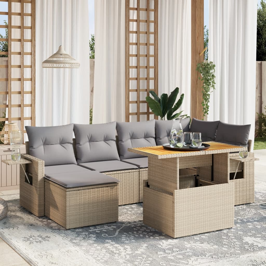 7 Pcs conjunto de sofás p/ jardim com almofadões vime PE bege
