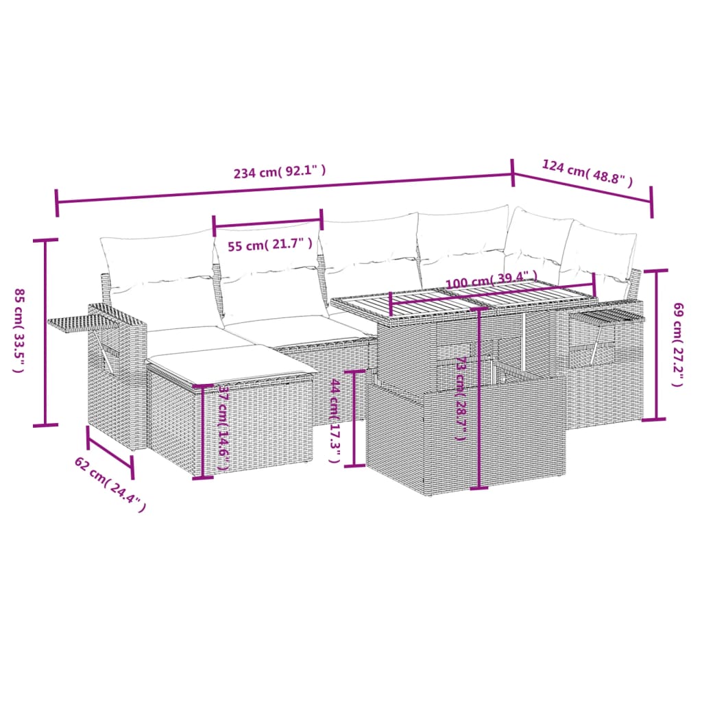 7 Pcs conjunto de sofás p/ jardim com almofadões vime PE bege