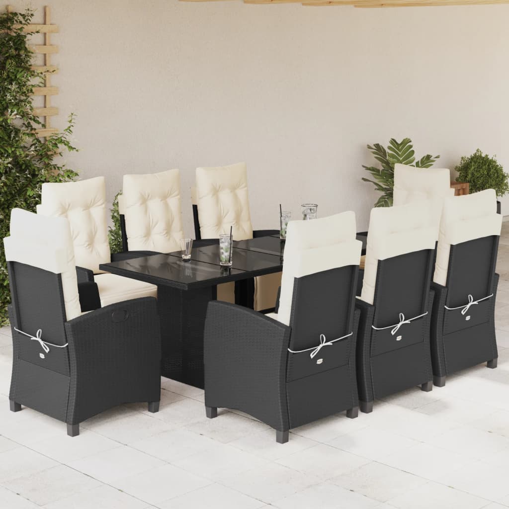 9 Pcs conjunto de jantar p/ jardim c/ almofadões vime PE preto