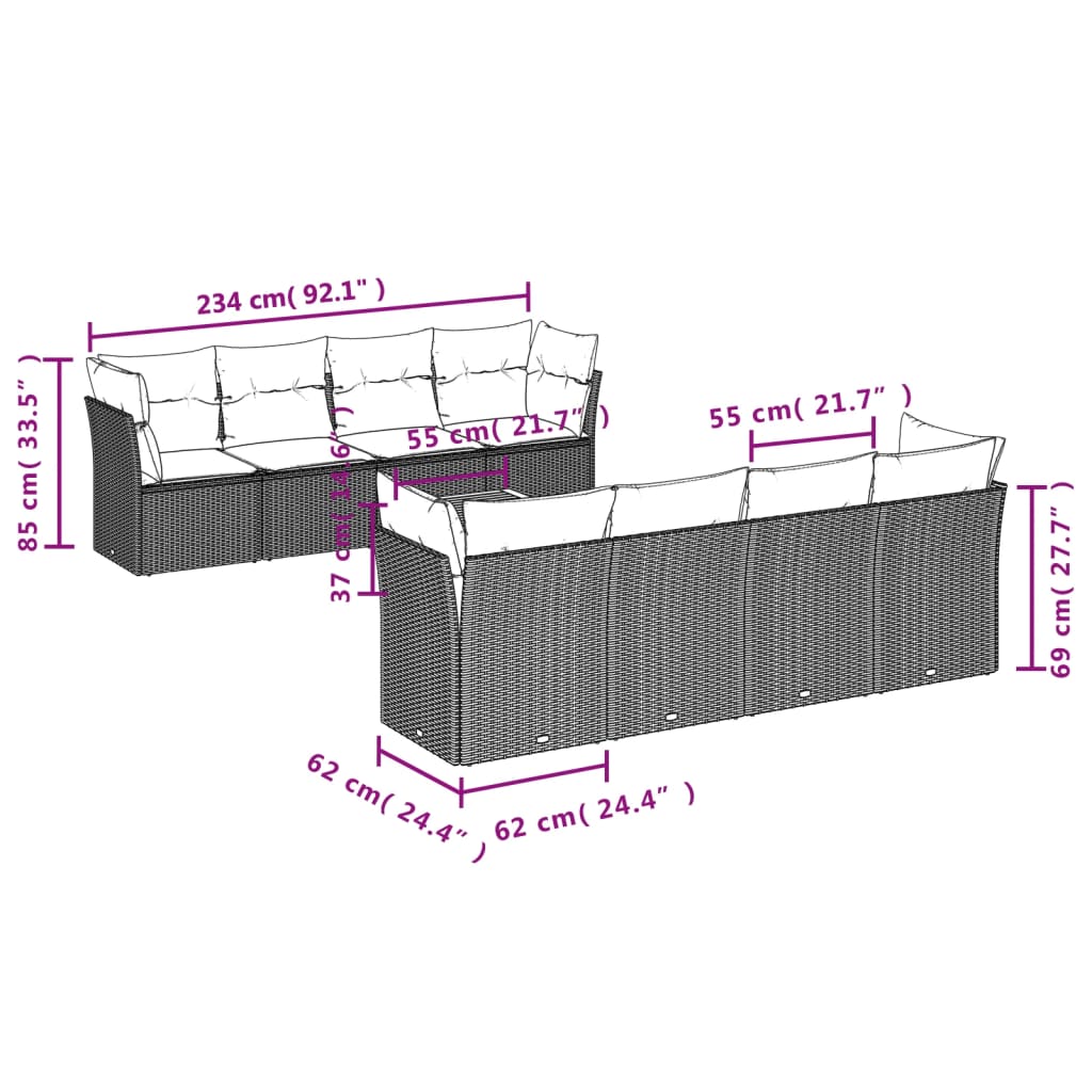 9 Pcs conjunto de sofás p/ jardim com almofadões vime PE bege