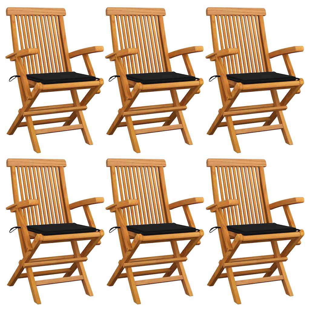 Cadeiras de jardim c/ almofadões pretos 6 pcs teca maciça
