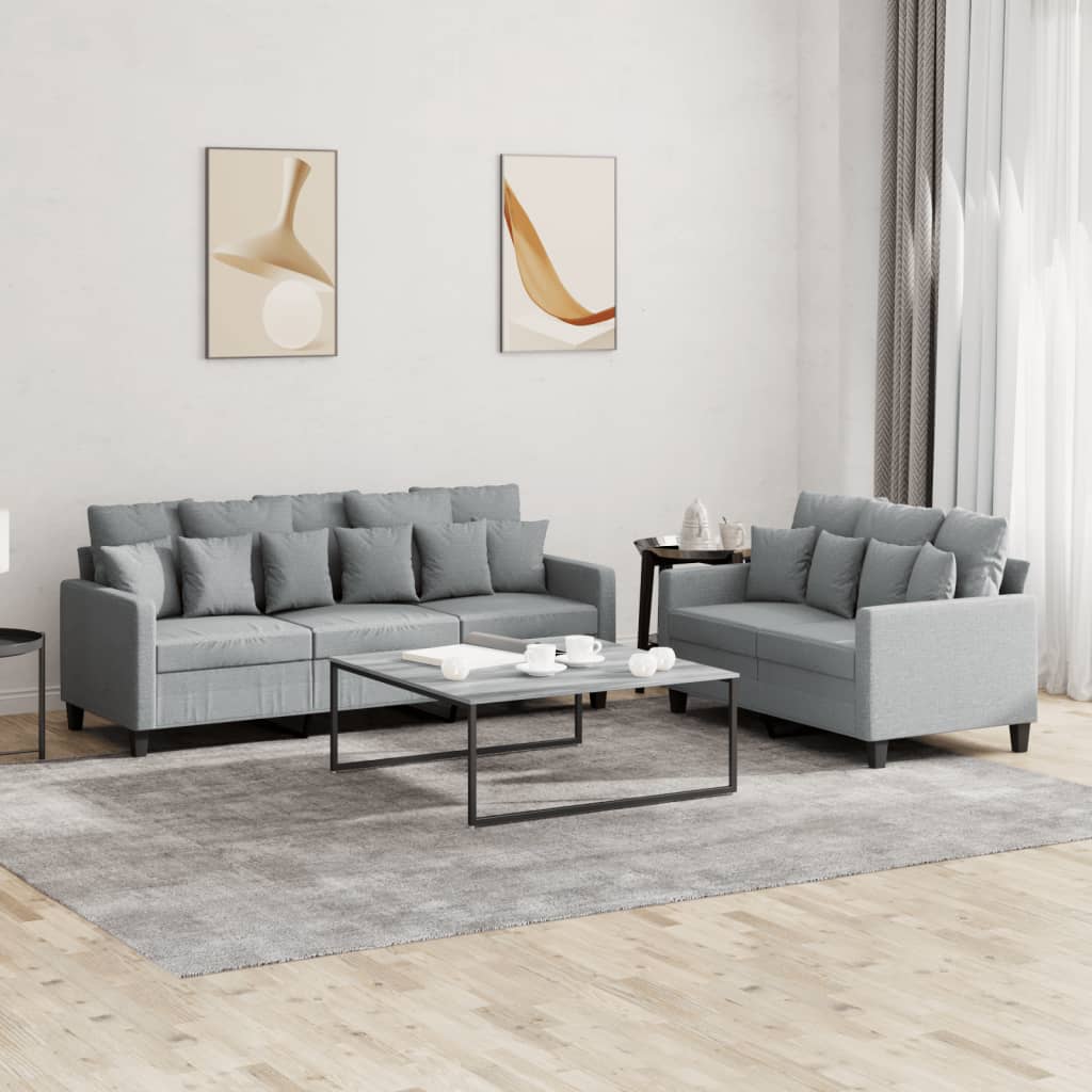 2 Pcs conjunto de sofás com almofadões tecido cinzento-claro