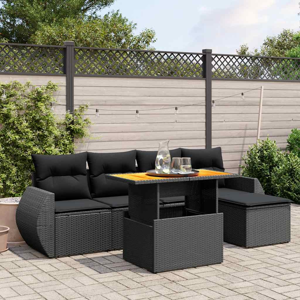 6 Pcs conjunto sofás de jardim c/ almofadões vime PE preto