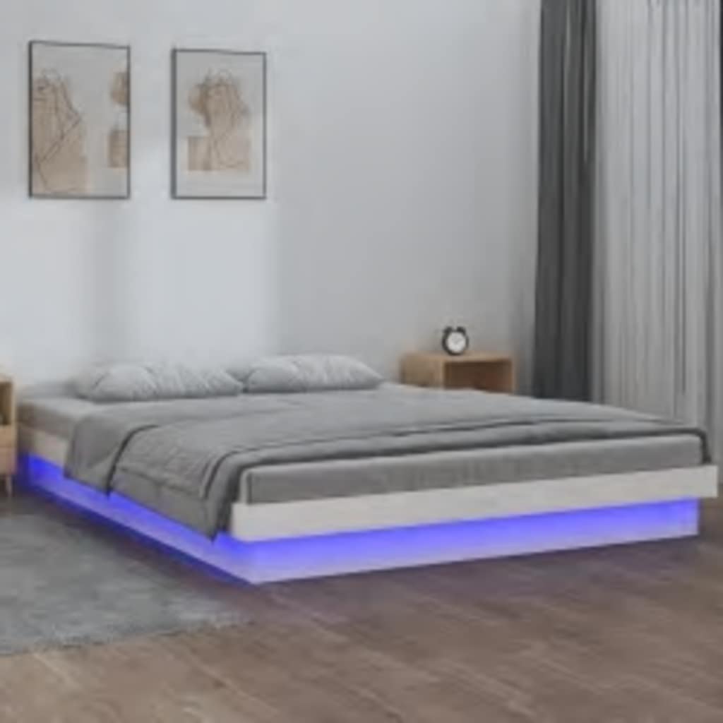 Estrutura de cama c/ leds 160x200 cm madeira maciça branco