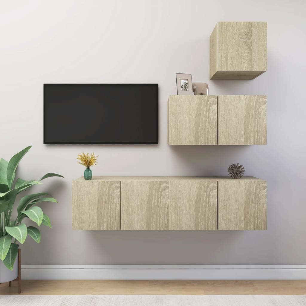 4 Pcs conjunto de móveis de TV contraplacado carvalho sonoma