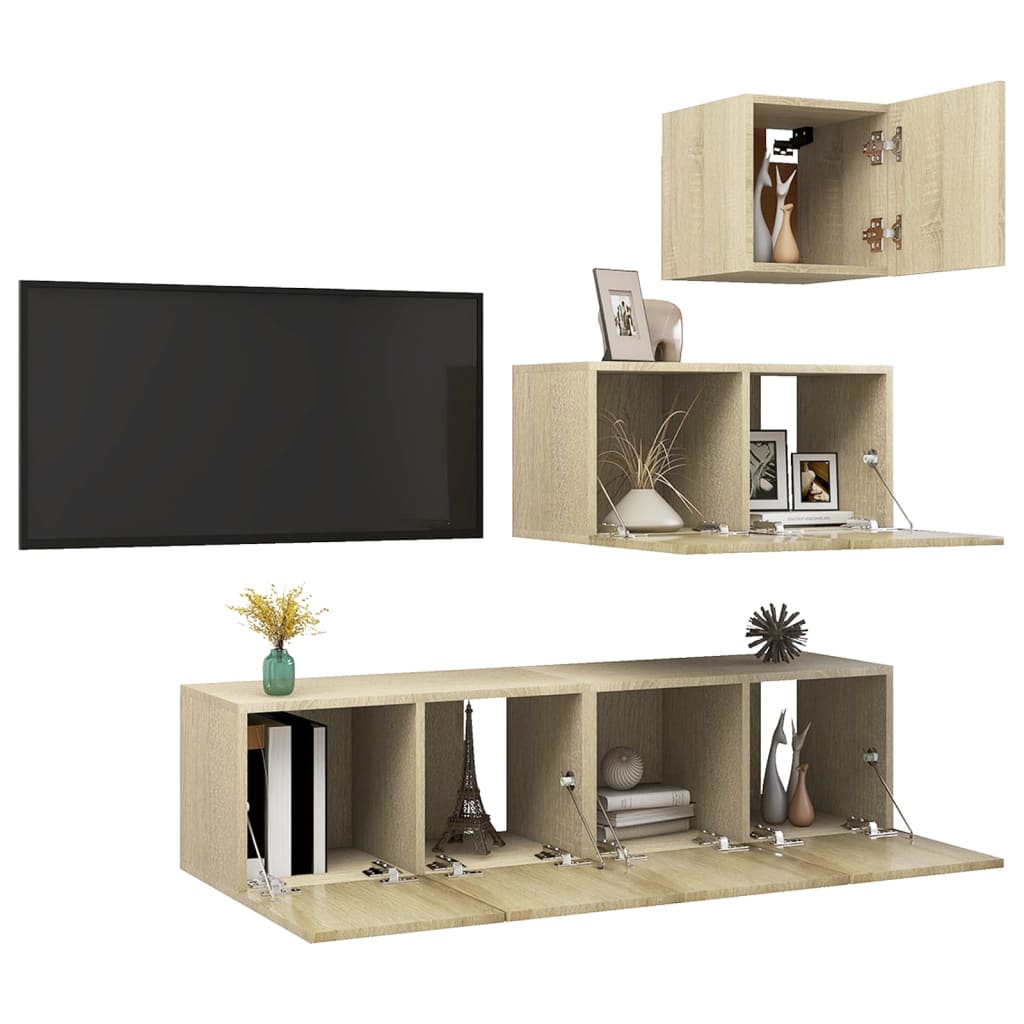 4 Pcs conjunto de móveis de TV contraplacado carvalho sonoma