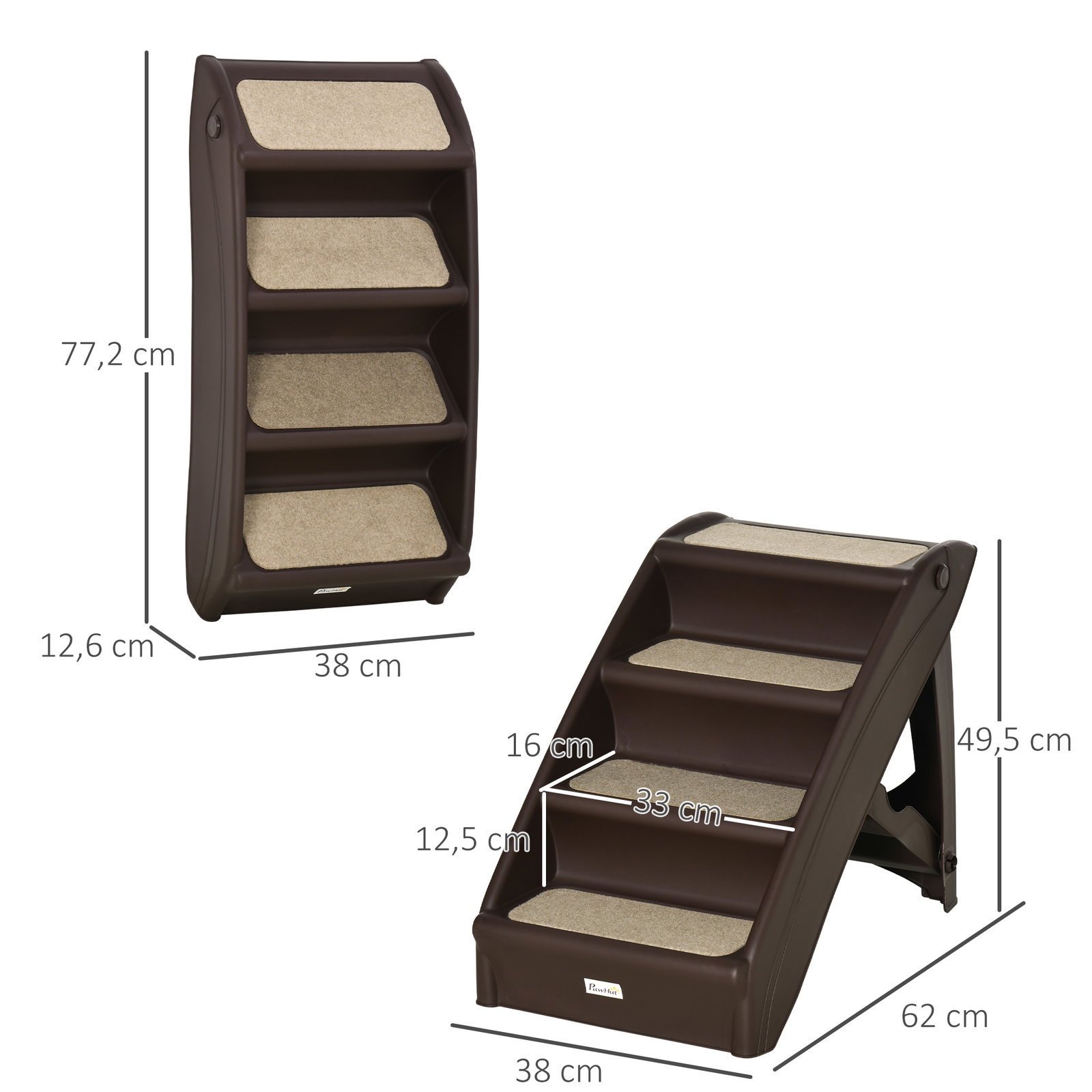 Escada dobrável para animais de estimação de 4 degraus portátil com tapetes antiderrapantes 62x38x49,5cm marrom escuro