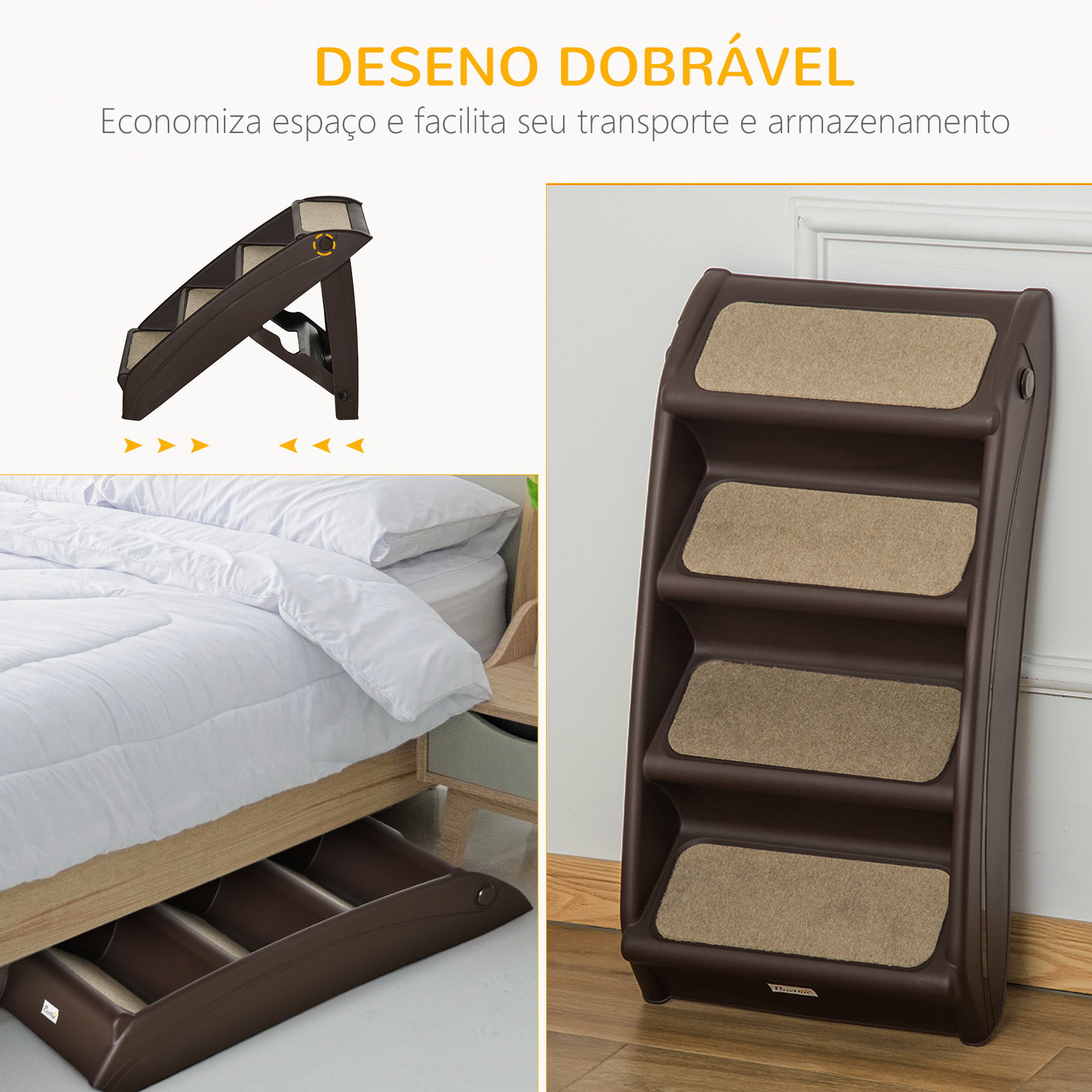 Escada dobrável para animais de estimação de 4 degraus portátil com tapetes antiderrapantes 62x38x49,5cm marrom escuro