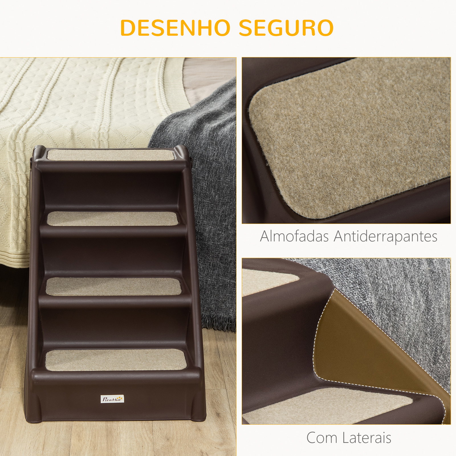 Escada dobrável para animais de estimação de 4 degraus portátil com tapetes antiderrapantes 62x38x49,5cm marrom escuro