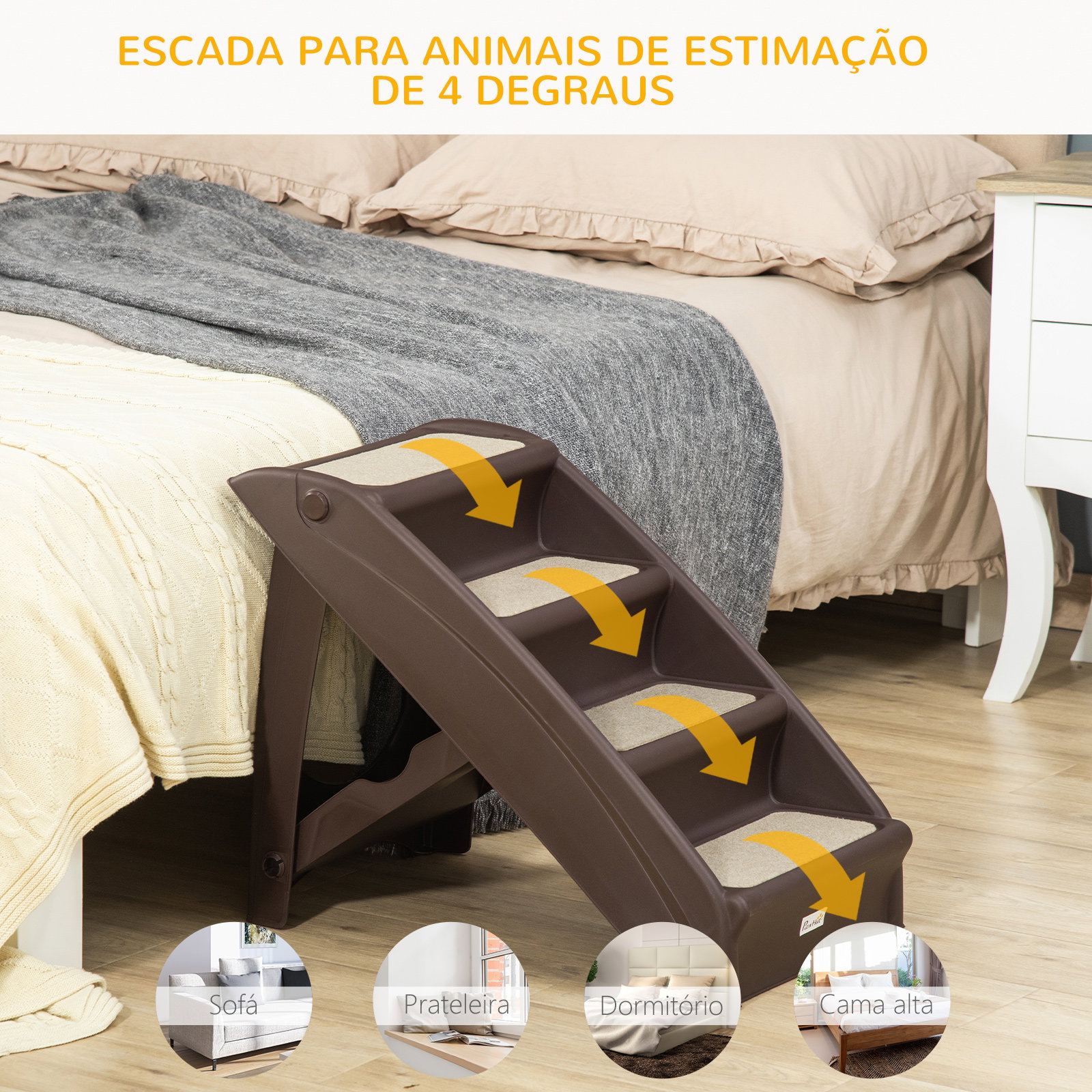 Escada dobrável para animais de estimação de 4 degraus portátil com tapetes antiderrapantes 62x38x49,5cm marrom escuro