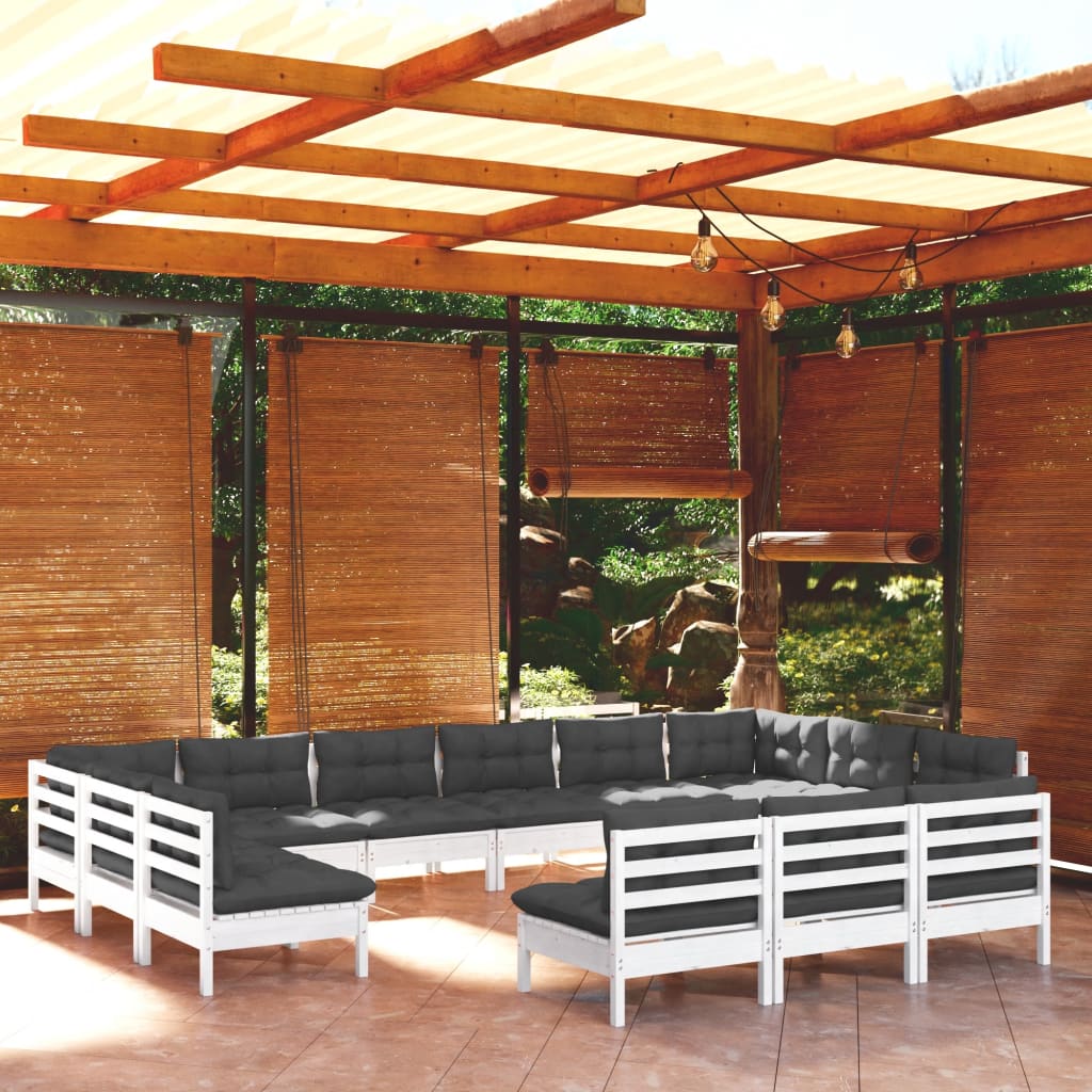 13 Pcs conj. lounge de jardim c/ almofadões pinho maciço branco