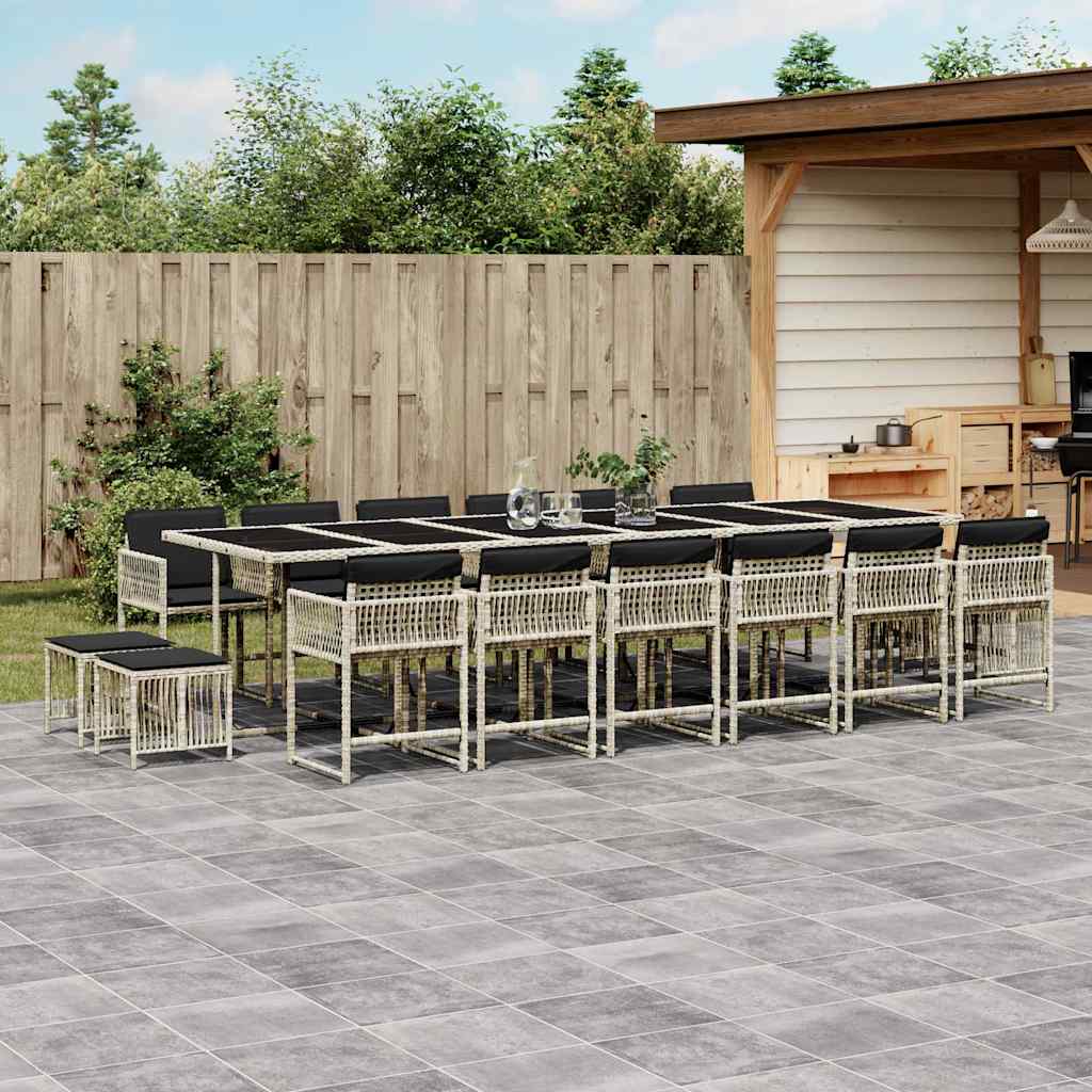 17 Pcs conj. jantar jardim c/ almofadões vime PE cinzento-claro