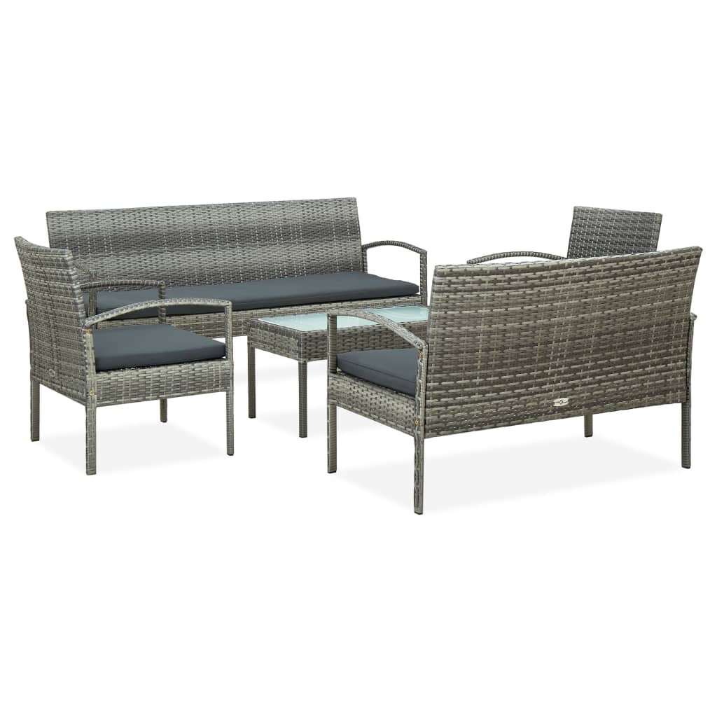 5 Pcs conjunto lounge de jardim c/ almofadões vime PE cinzento