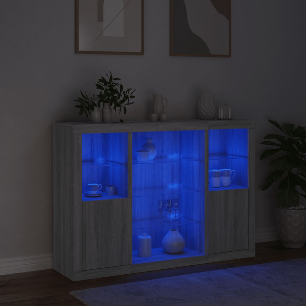 Aparadores c/ leds 3 pcs derivados de madeira cinzento sonoma