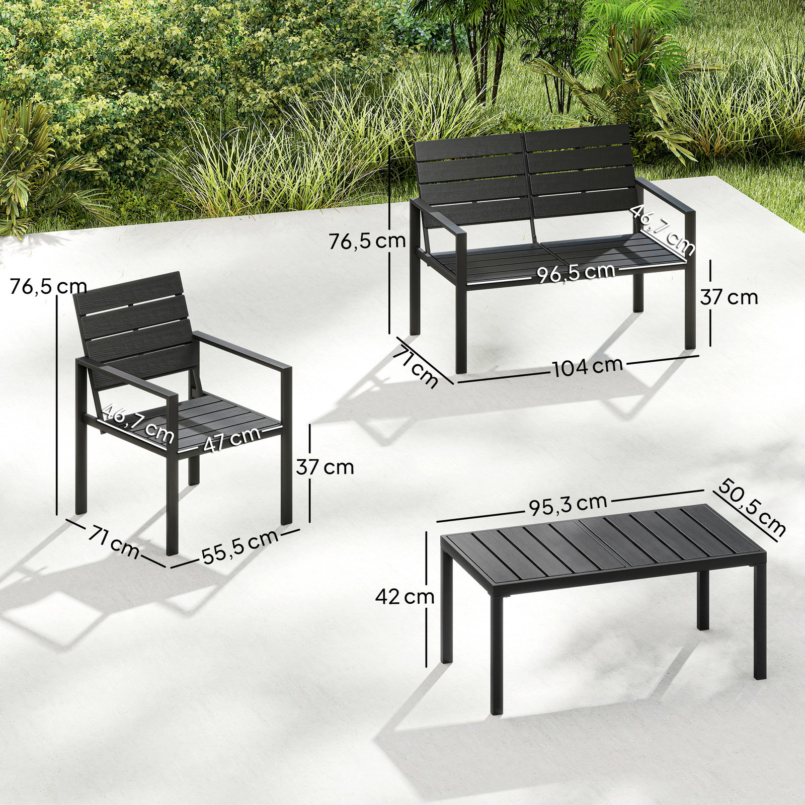 Conjunto de móveis de jardim para 4 pessoas - sofá de 2 lugares, 2 cadeiras e mesa de centro - preto