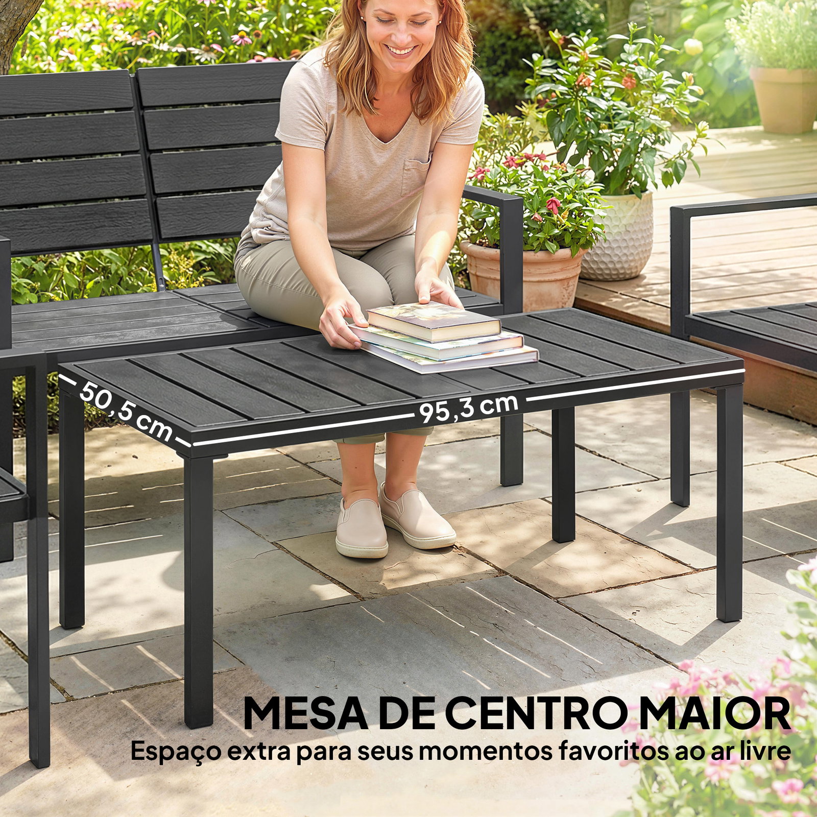 Conjunto de móveis de jardim para 4 pessoas - sofá de 2 lugares, 2 cadeiras e mesa de centro - preto
