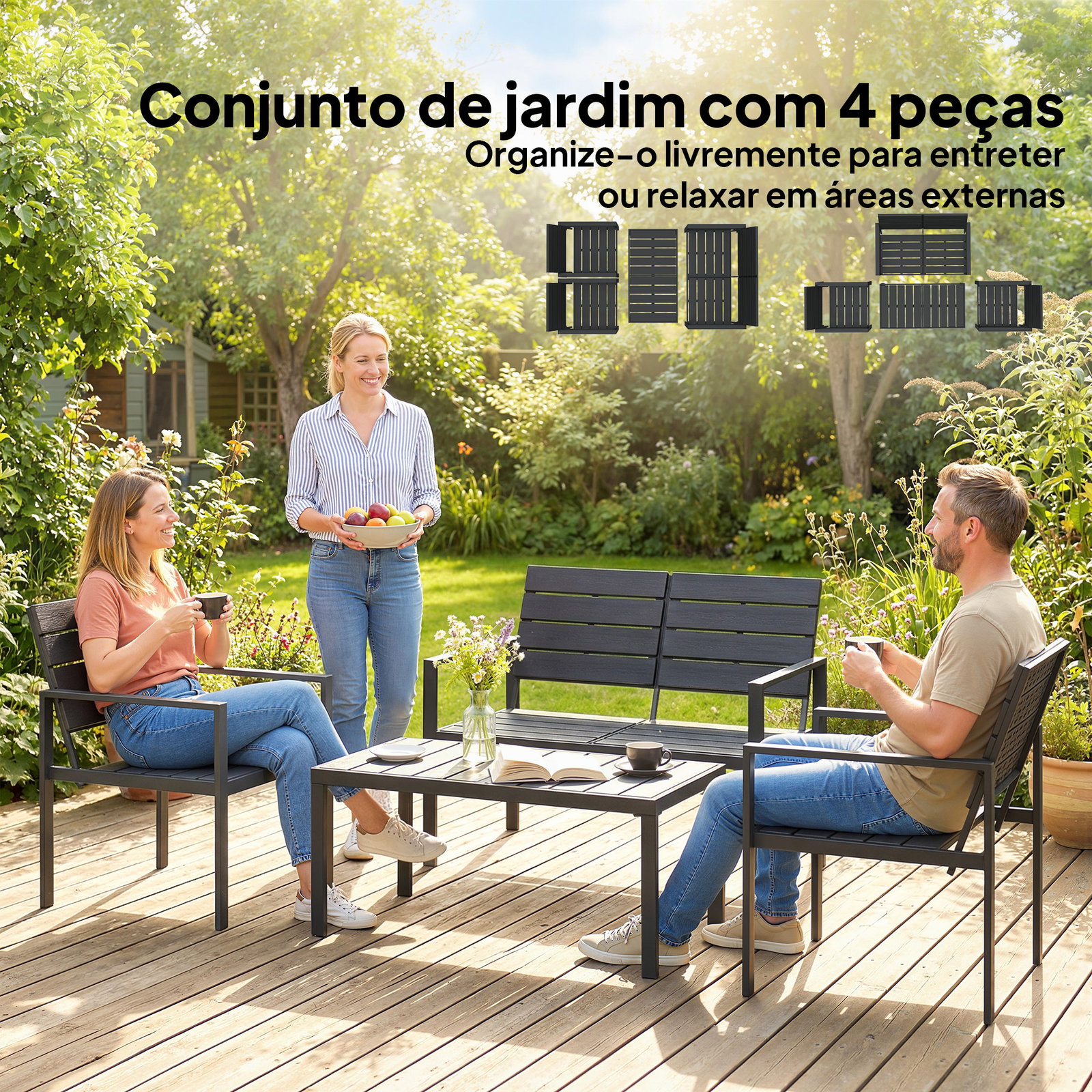 Conjunto de móveis de jardim para 4 pessoas - sofá de 2 lugares, 2 cadeiras e mesa de centro - preto