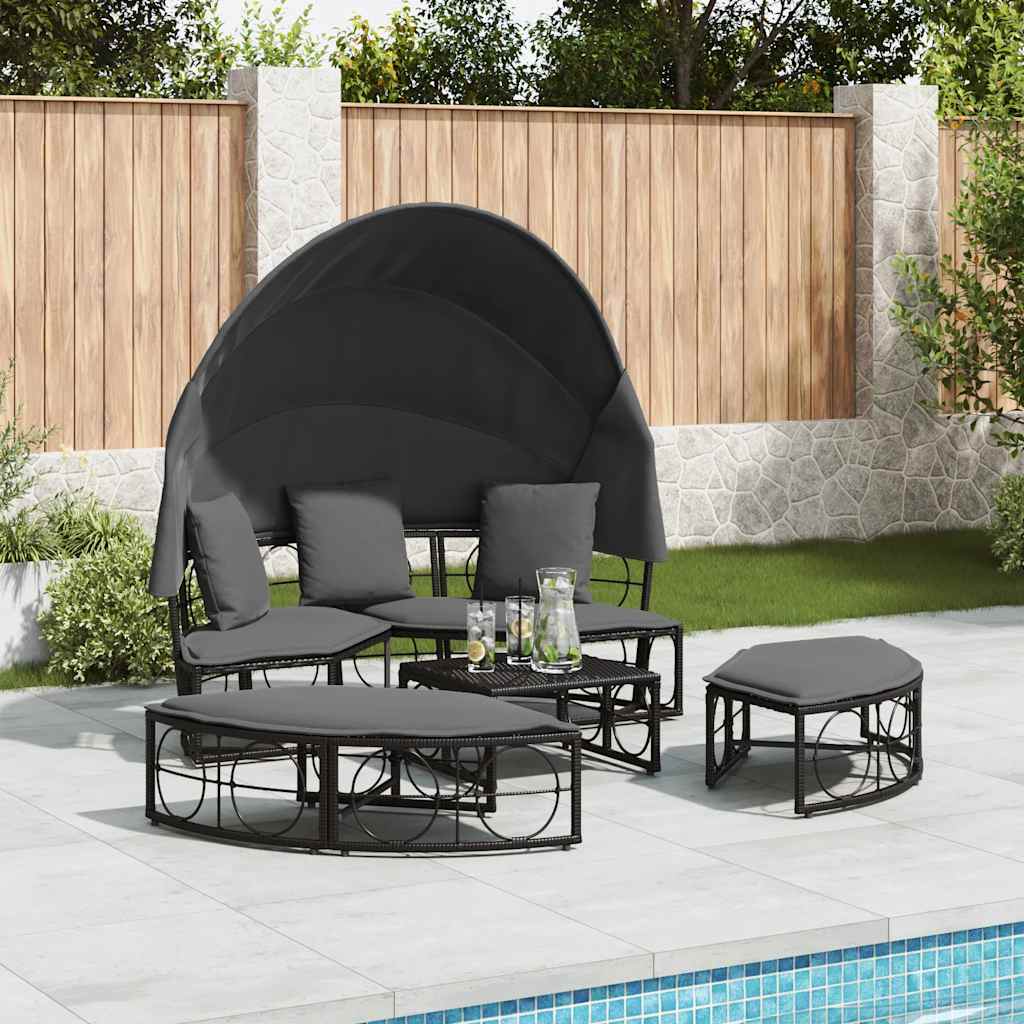 Cama lounge de exterior c/ toldo e almofadões vime PE preto