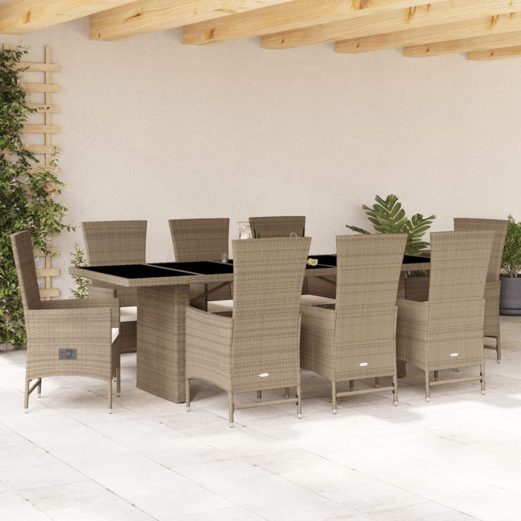 9 Pcs conjunto de jantar p/ jardim com almofadões vime PE bege