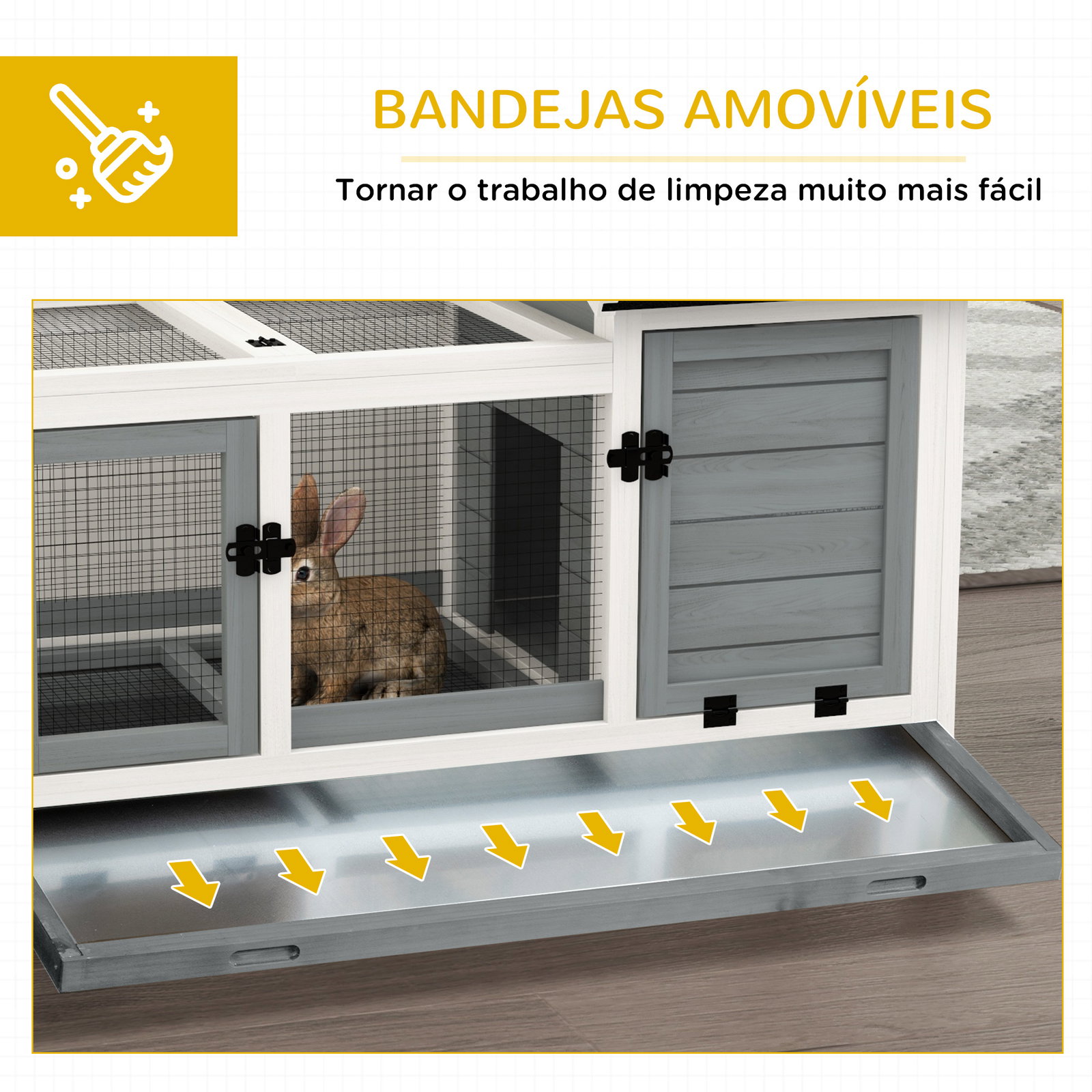 Coelheira de madeira com rodas para 1-2 coelhos com teto abatível bandeja amovível 108x58x73,5 cm cinza e branco
