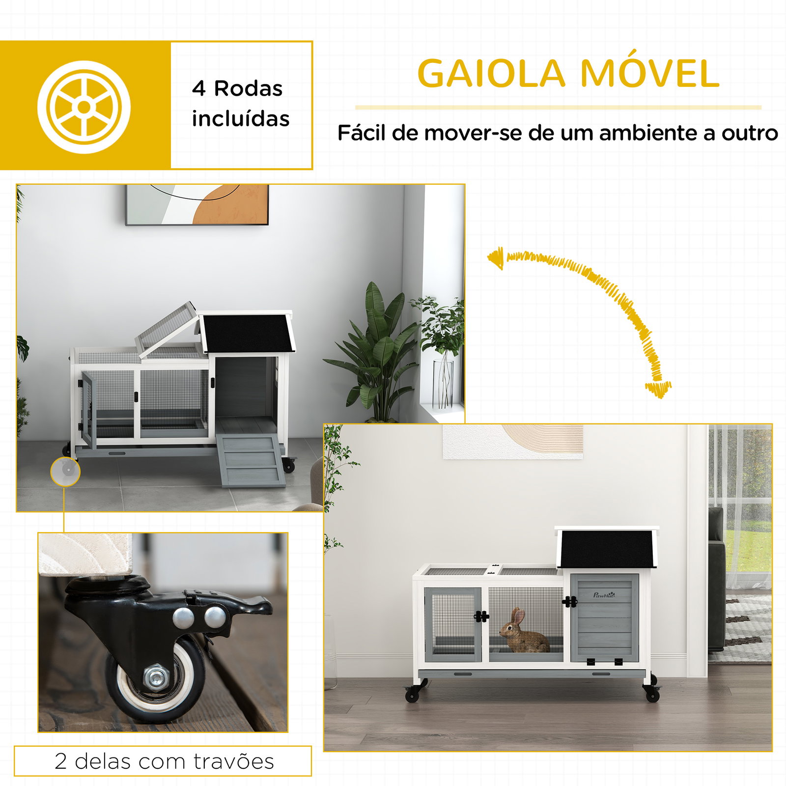Coelheira de madeira com rodas para 1-2 coelhos com teto abatível bandeja amovível 108x58x73,5 cm cinza e branco