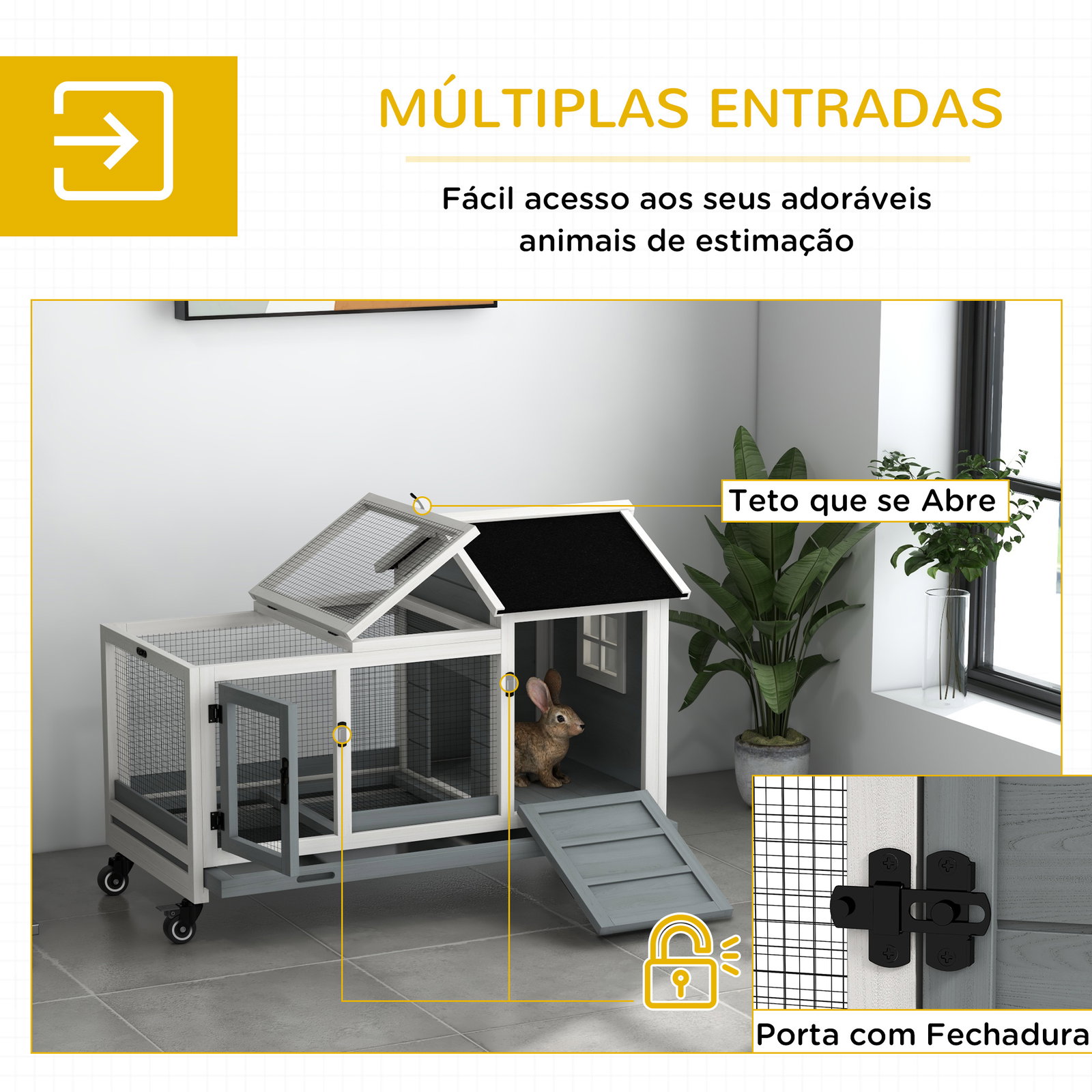 Coelheira de madeira com rodas para 1-2 coelhos com teto abatível bandeja amovível 108x58x73,5 cm cinza e branco