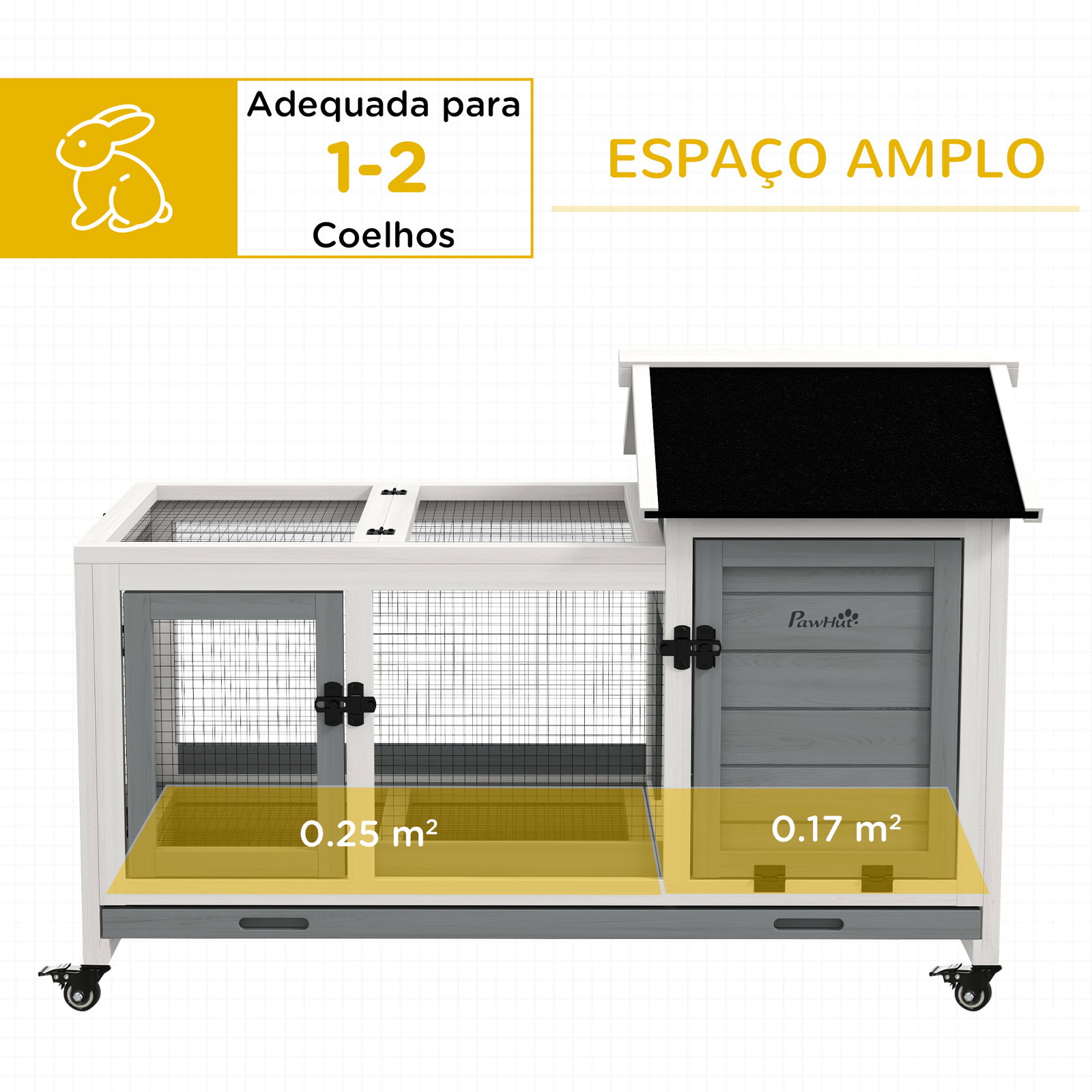 Coelheira de madeira com rodas para 1-2 coelhos com teto abatível bandeja amovível 108x58x73,5 cm cinza e branco