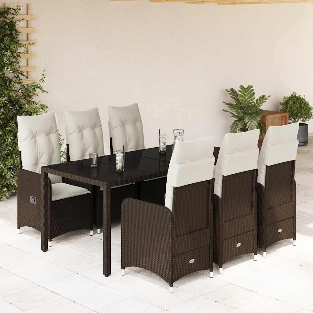 7 Pcs conjunto bistrô de jardim c/ almofadões vime PE castanho