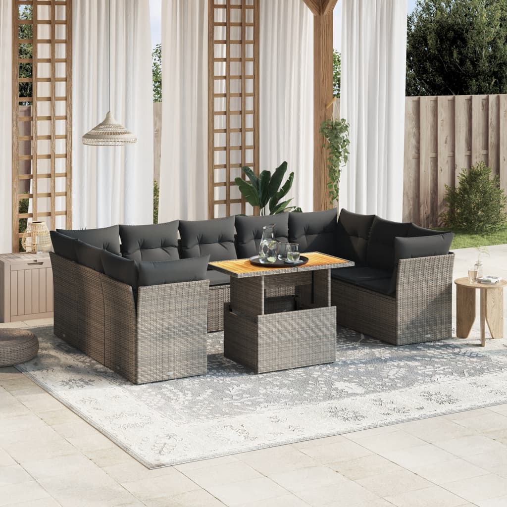 10 Pcs conjunto sofás de jardim c/ almofadões vime PE cinzento