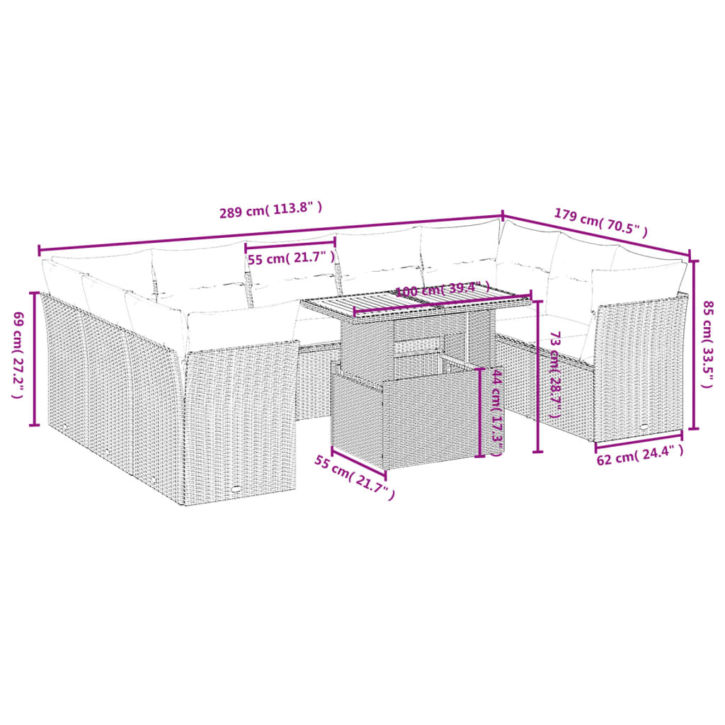 10 Pcs conjunto sofás de jardim c/ almofadões vime PE cinzento