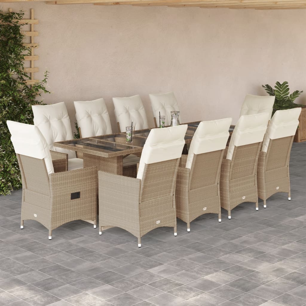 11 Pcs conjunto de bistrô p/ jardim c/ almofadões vime PE bege