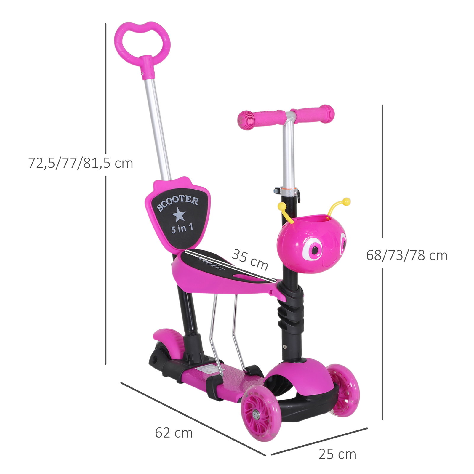 Trotinete 5 em 1 para crianças com 3 rodas assento removível e guiador ajustável carga máxima 50 kg 62x25x72,5 cm rosa