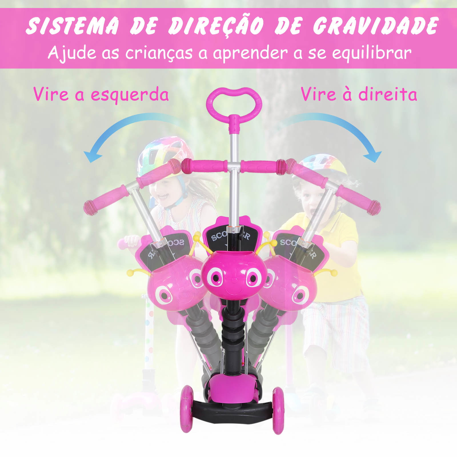 Trotinete 5 em 1 para crianças com 3 rodas assento removível e guiador ajustável carga máxima 50 kg 62x25x72,5 cm rosa