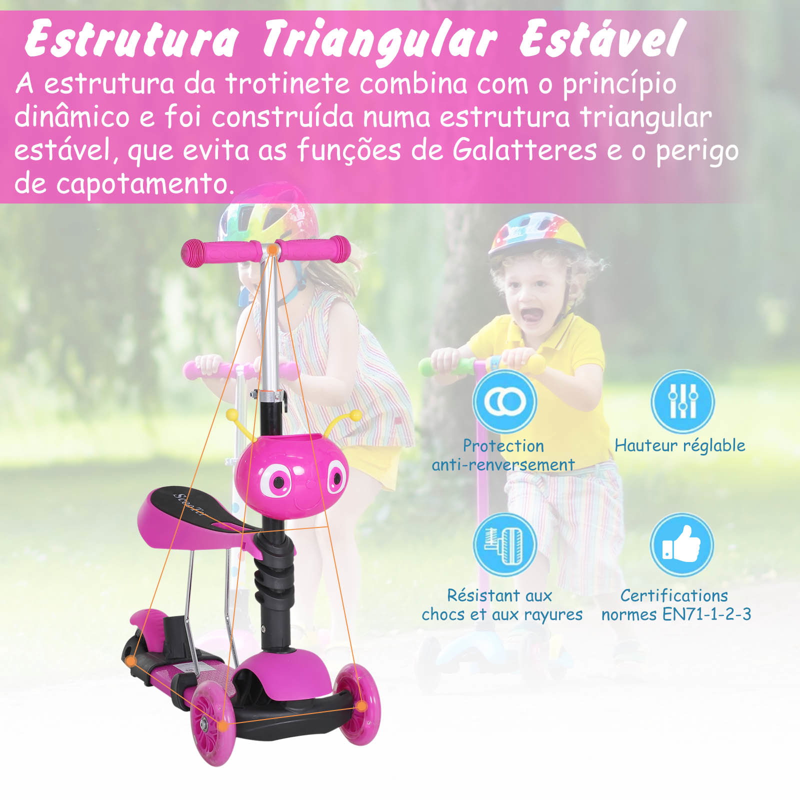 Trotinete 5 em 1 para crianças com 3 rodas assento removível e guiador ajustável carga máxima 50 kg 62x25x72,5 cm rosa