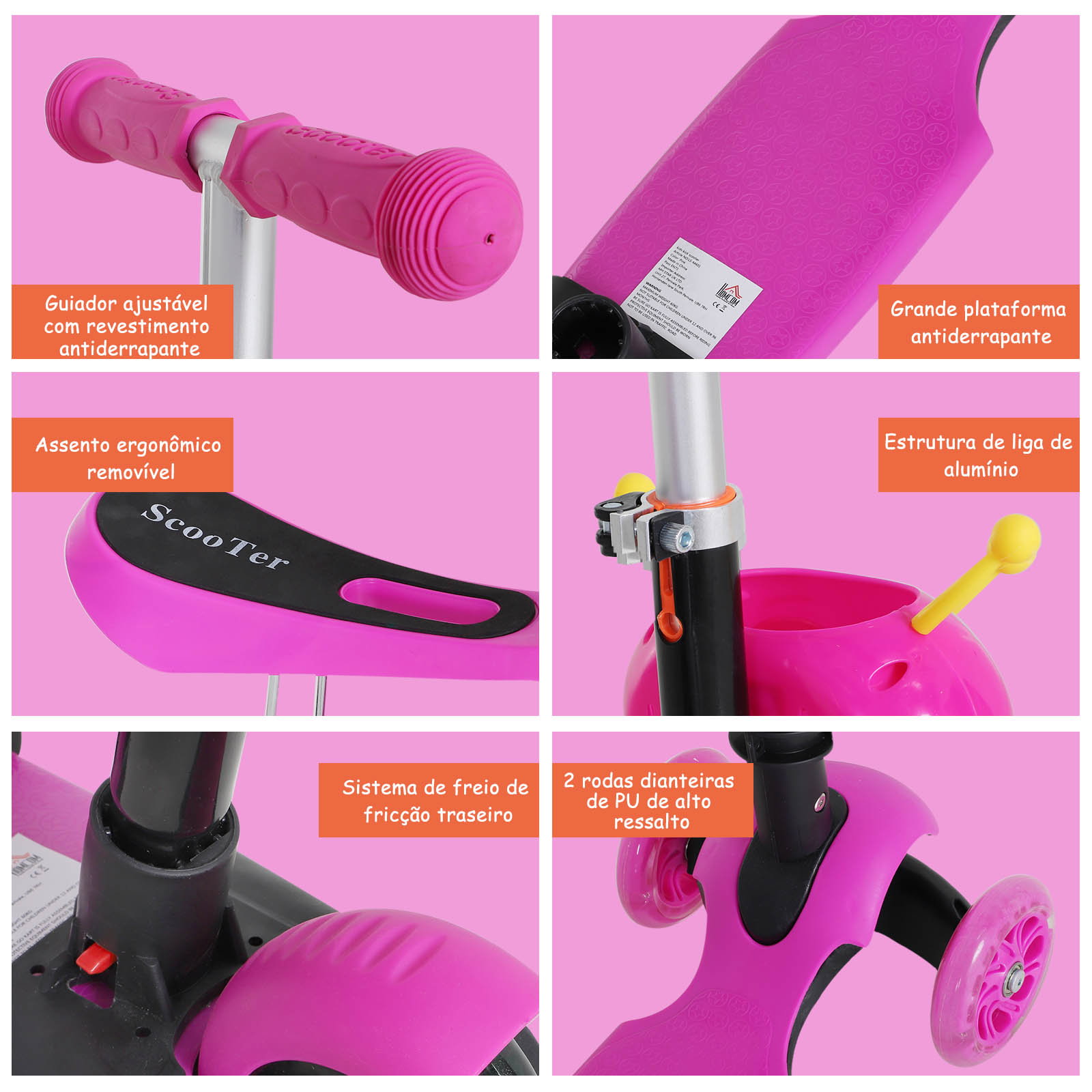 Trotinete 5 em 1 para crianças com 3 rodas assento removível e guiador ajustável carga máxima 50 kg 62x25x72,5 cm rosa