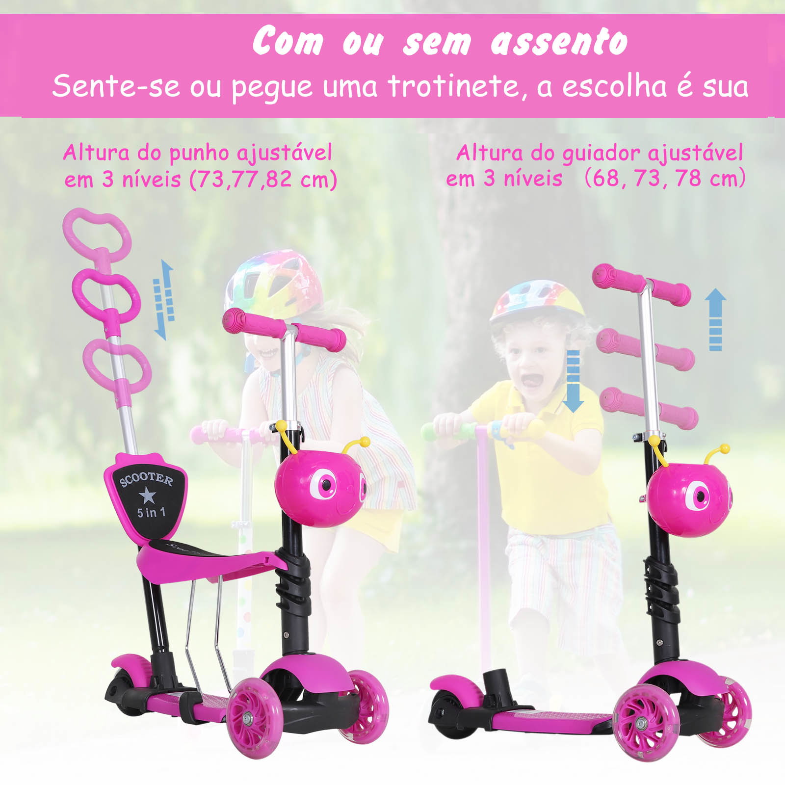 Trotinete 5 em 1 para crianças com 3 rodas assento removível e guiador ajustável carga máxima 50 kg 62x25x72,5 cm rosa