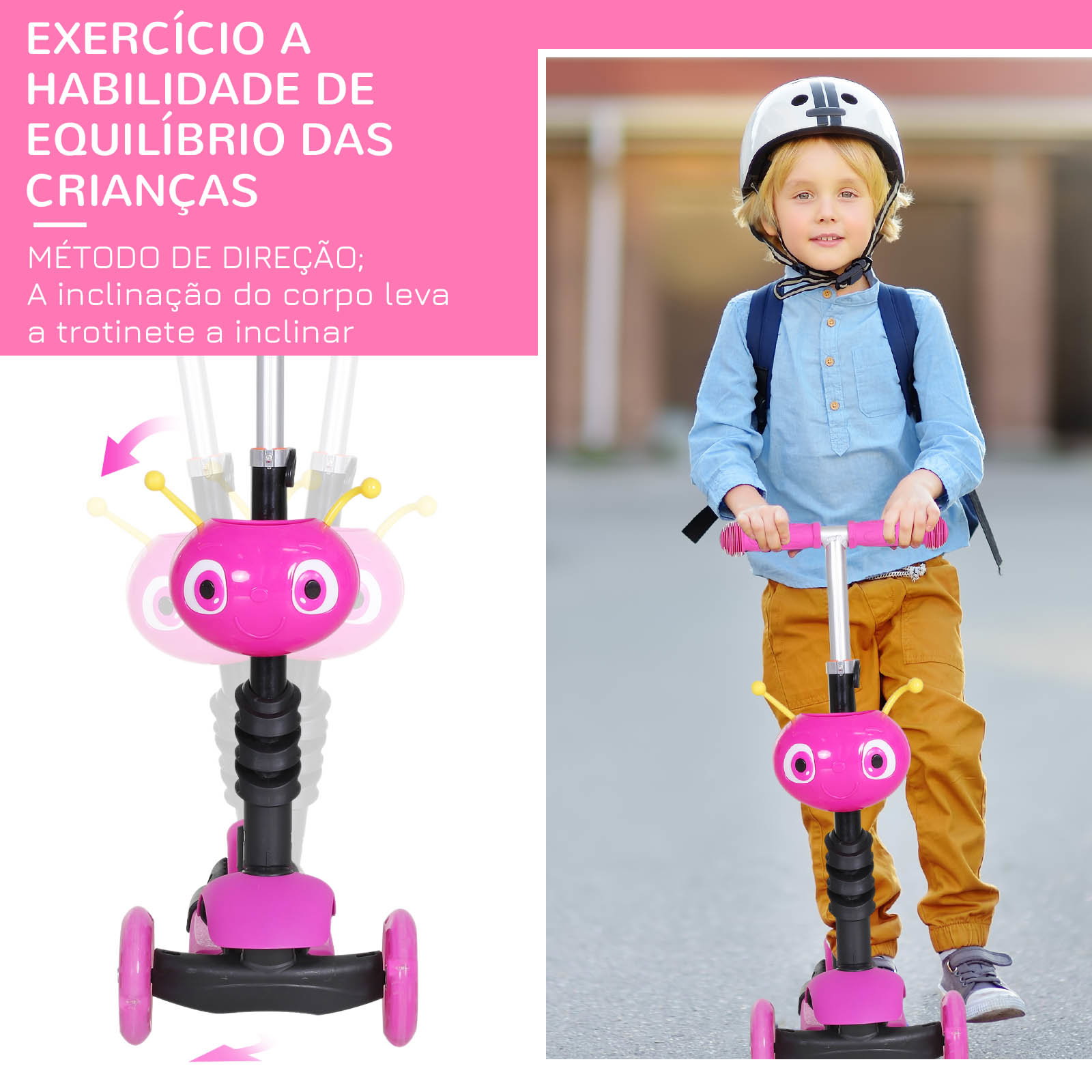 Trotinete 5 em 1 para crianças com 3 rodas assento removível e guiador ajustável carga máxima 50 kg 62x25x72,5 cm rosa