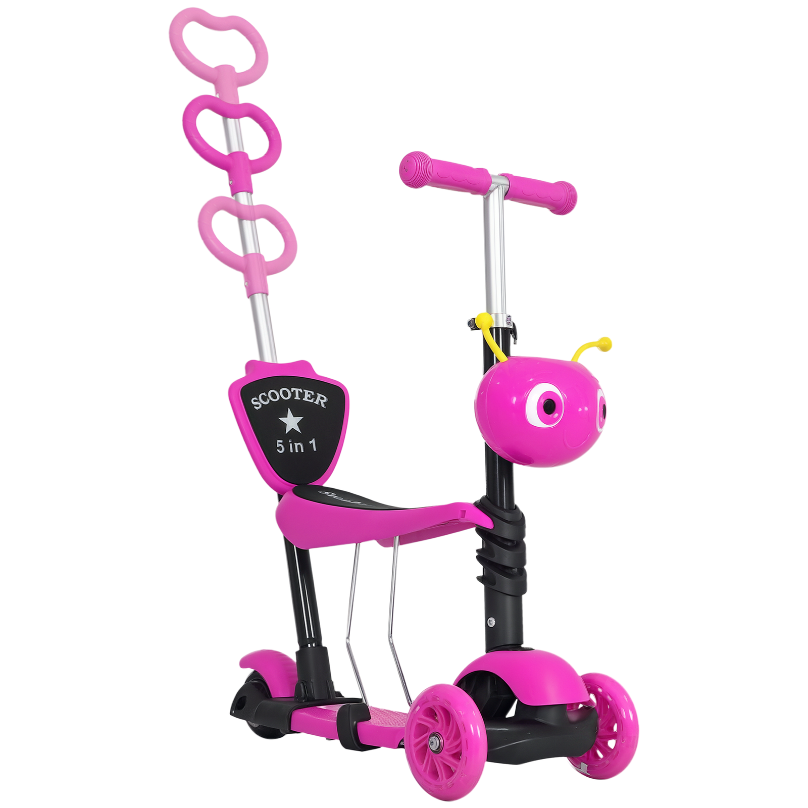 Trotinete 5 em 1 para crianças com 3 rodas assento removível e guiador ajustável carga máxima 50 kg 62x25x72,5 cm rosa