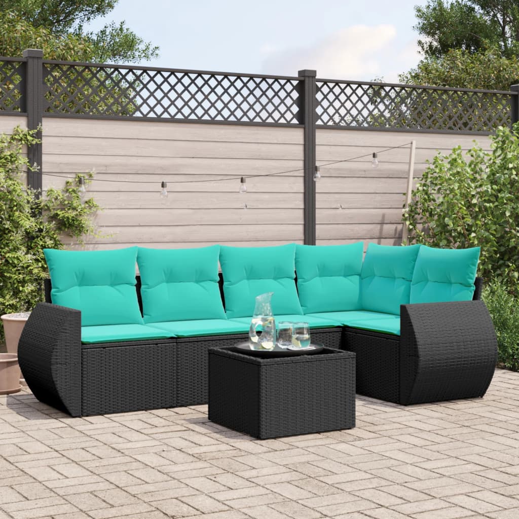 Conjunto de sofá de jardim com 6 peças e almofadas em rattan sintético preto