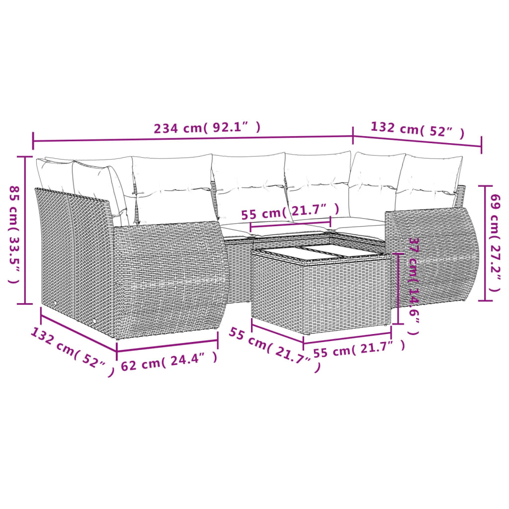 7 Pcs conjunto sofás p/ jardim c/ almofadões vime PE cinzento