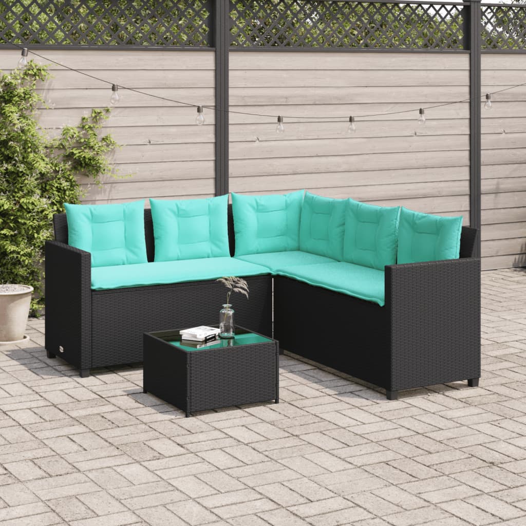 Sofá de jardim em formato de l, com mesa e almofadas, em rattan sintético preto