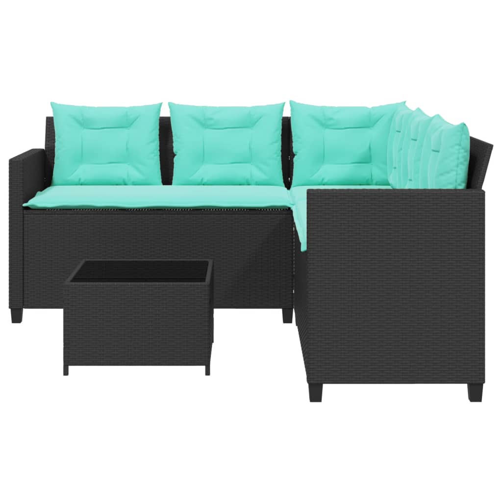 Sofá de jardim em formato de l, com mesa e almofadas, em rattan sintético preto