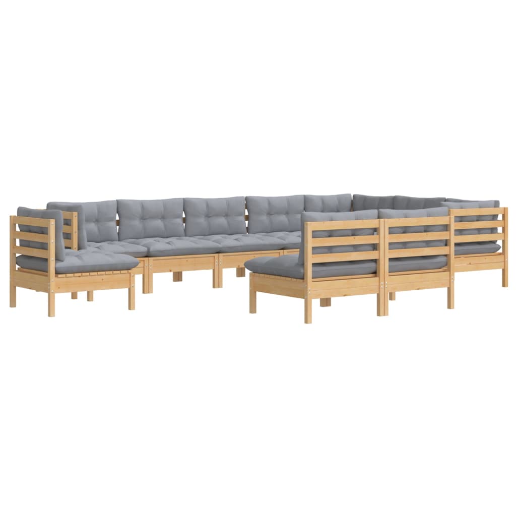10Pcs conjunto lounge de jardim + almofadões cinza pinho maciço