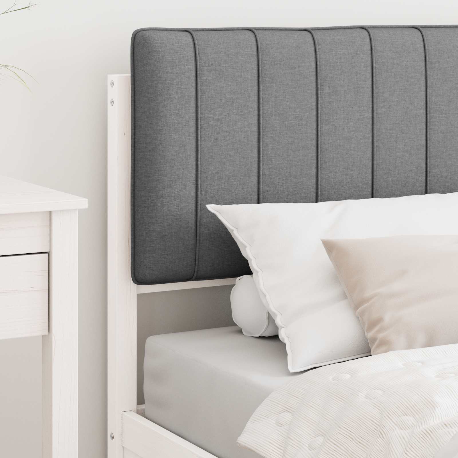 Estrutura de cama com cabeceira estofada cinzento-claro