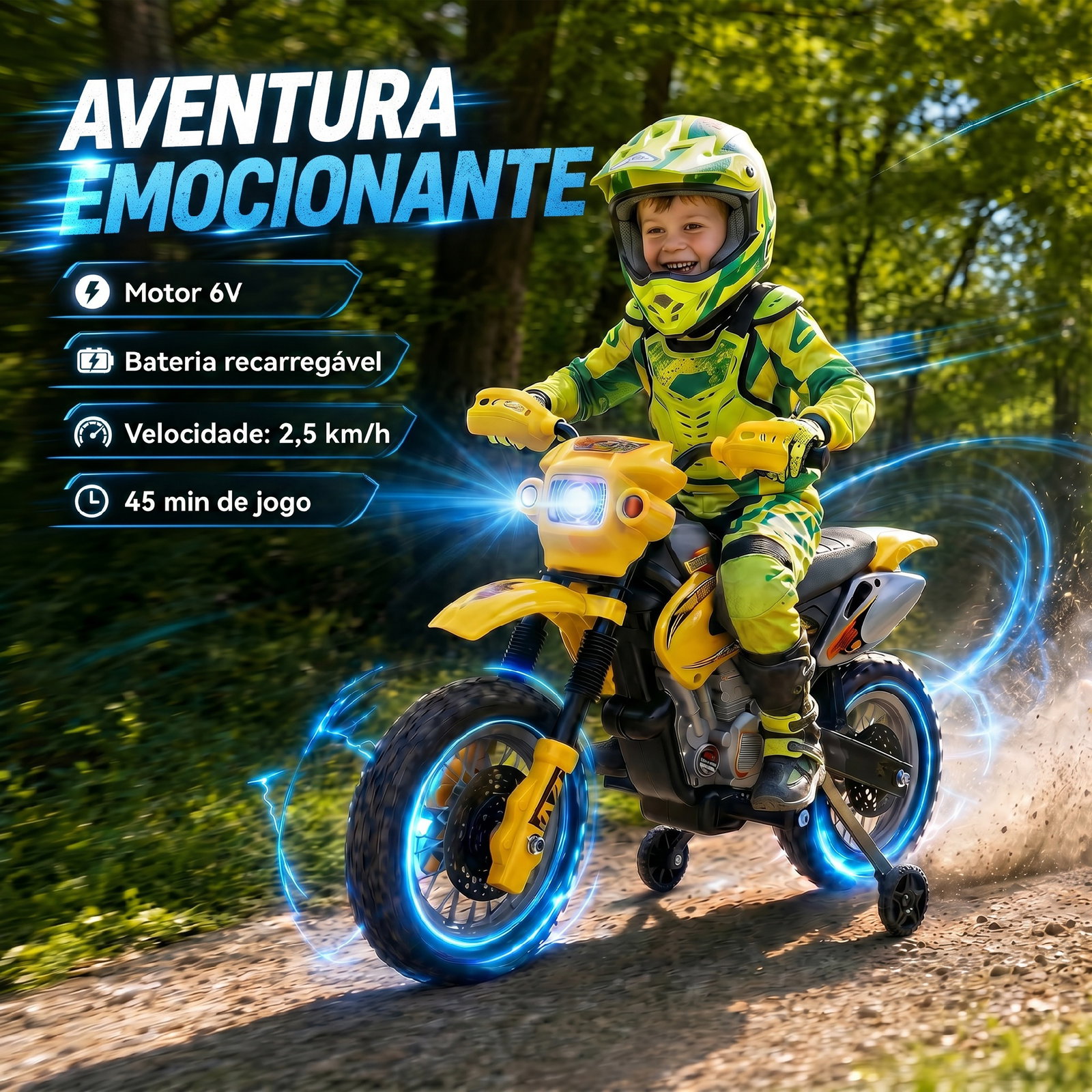 Mota elétrica para crianças 6v com luzes e música para idades 3-6 anos amarelo