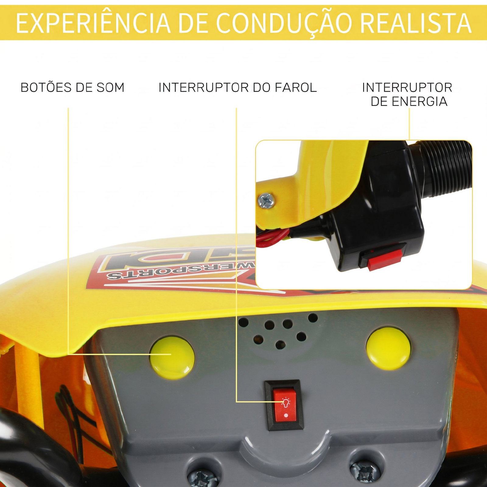Mota elétrica para crianças 6v com luzes e música para idades 3-6 anos amarelo