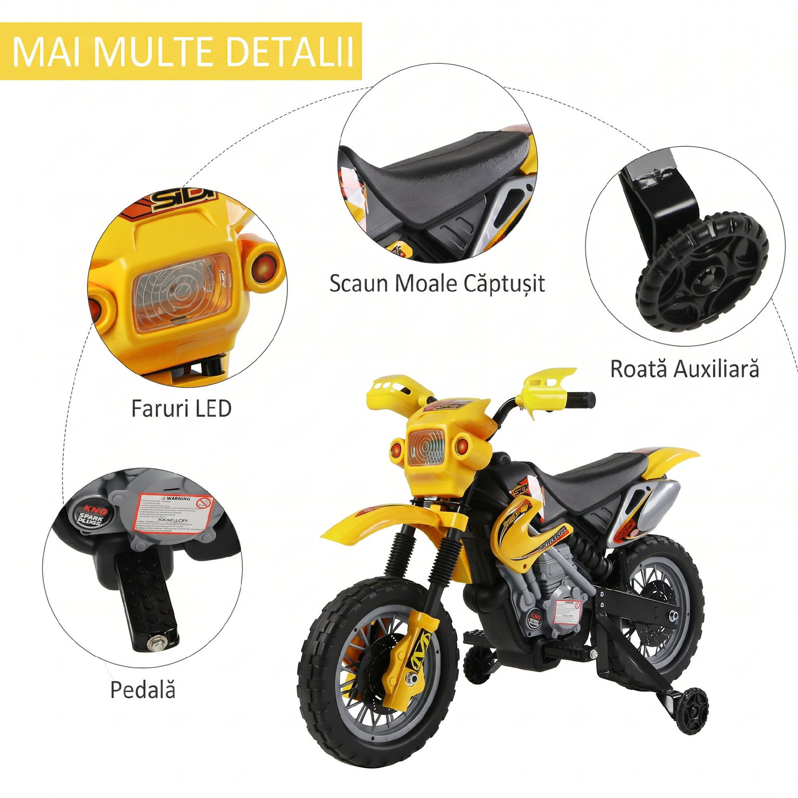Mota elétrica para crianças 6v com luzes e música para idades 3-6 anos amarelo