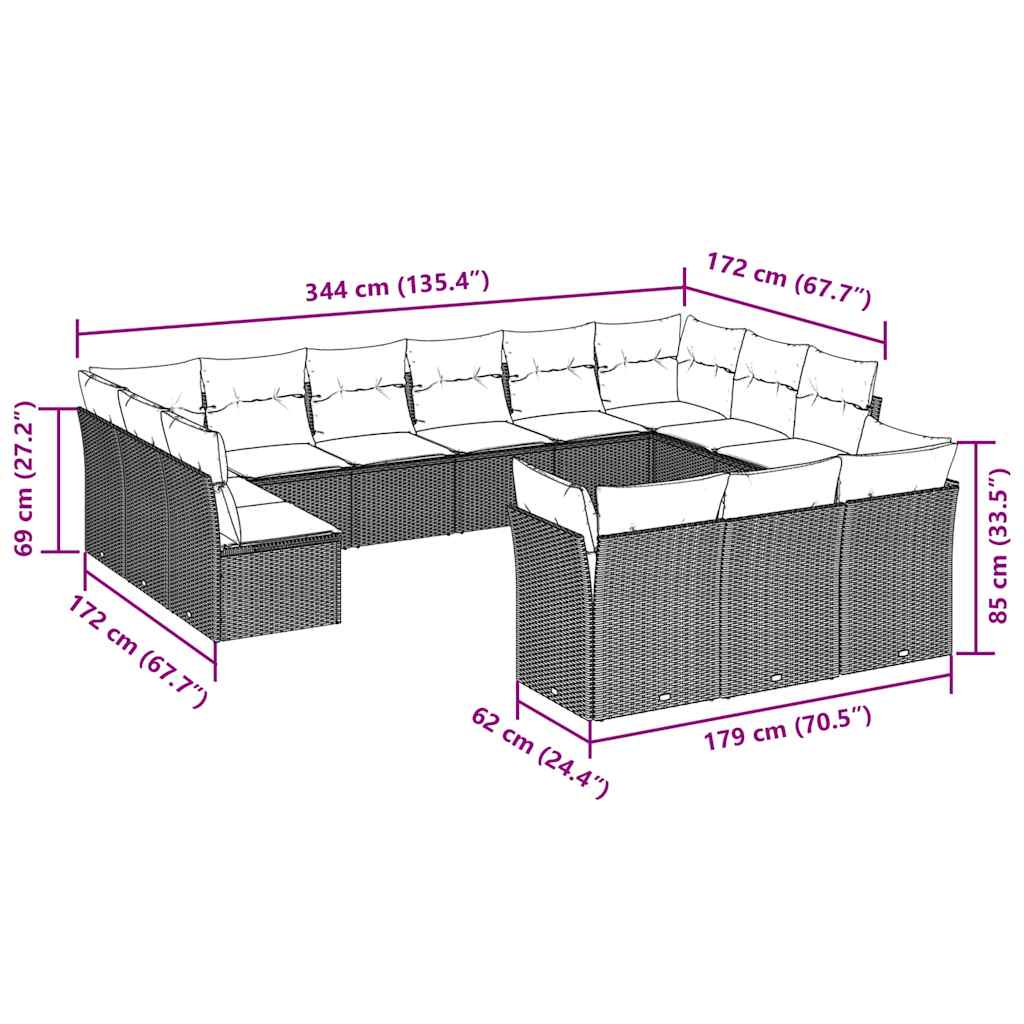 13 Pcs conjunto sofás p/ jardim c/ almofadões vime PE castanho