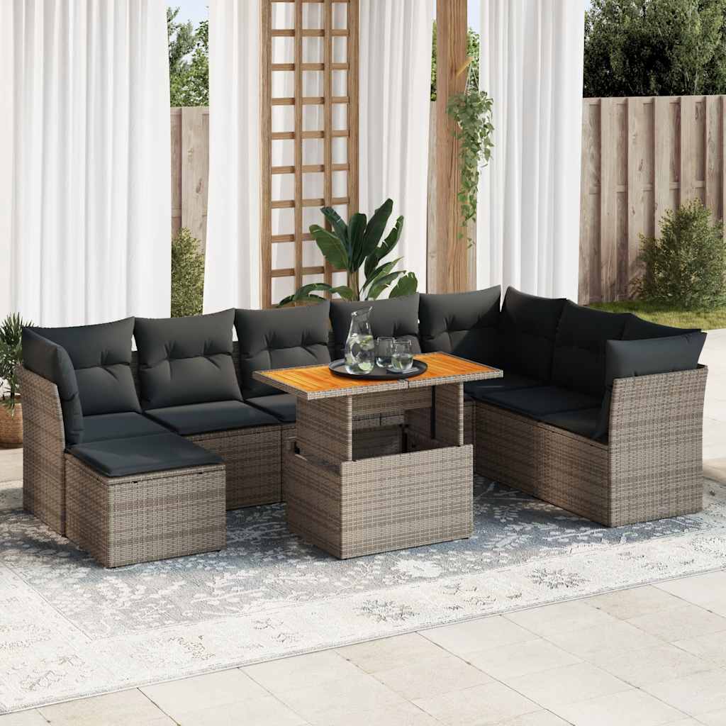 9 Pcs conjunto sofás p/ jardim com almofadões vime PE cinzento