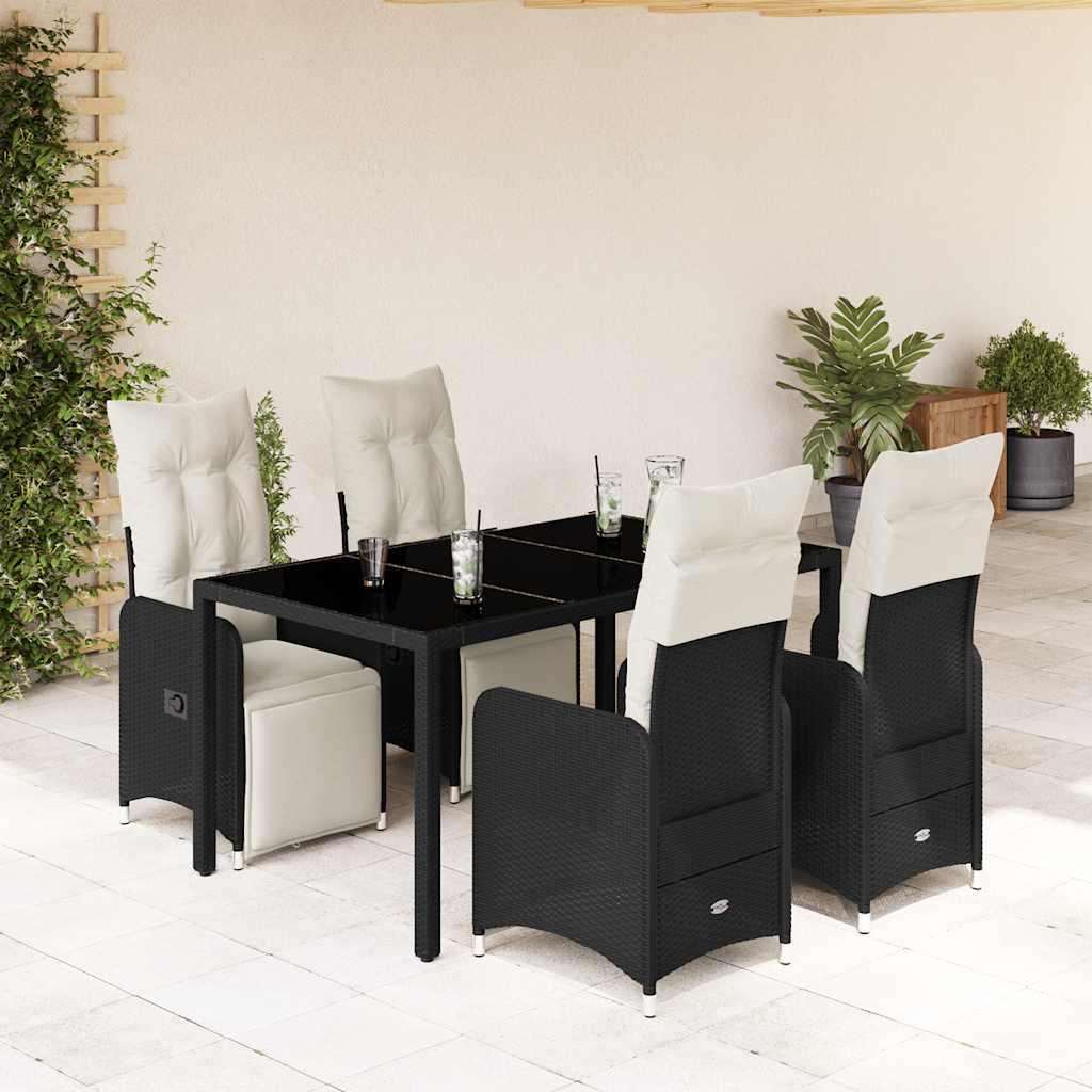 5 Pcs conjunto bistrô de jardim c/ almofadões vime PE preto